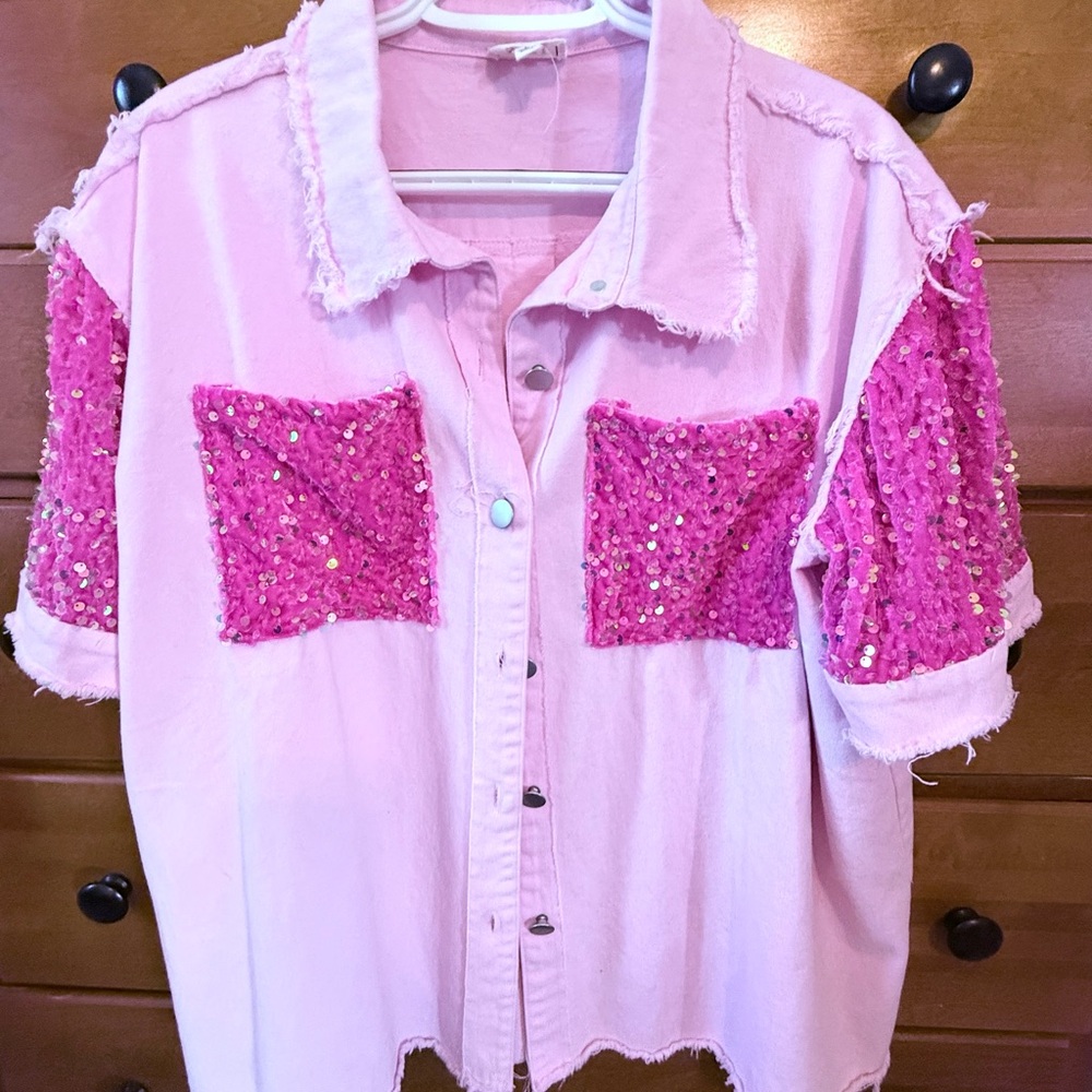 BiBi Pink Sequined Button-up Shirt